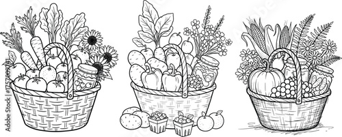 Harvest baskets illustration, autumn produce drawing, seasonal fruits and vegetables, monochrome line art, farm fresh food, organic market, detailed sketch artwork