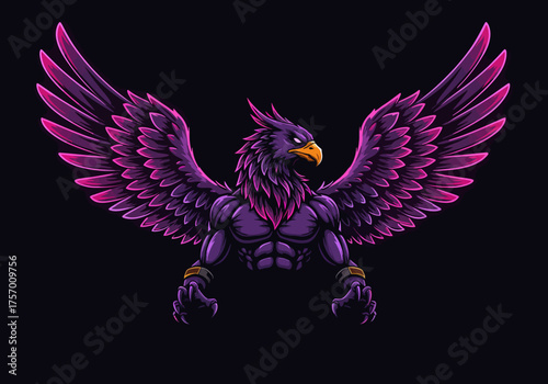 A majestic eagle with muscular physique and vibrant purple plumage spreads its wings wide open in a powerful stance