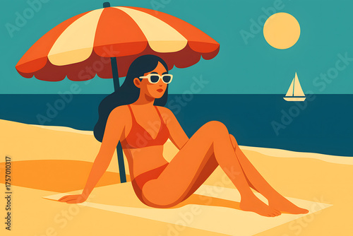 Vector art of woman sitting on sandy beach under umbrella with sailboat on horizon, vintage summer holiday and relaxation concept..