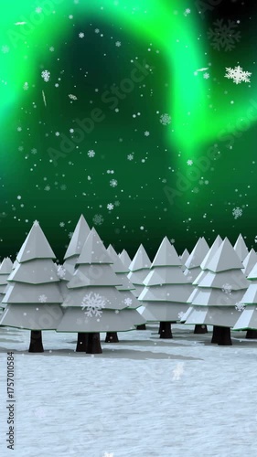 Animation of snow falling and aurora borealis in christmas winter scenery background