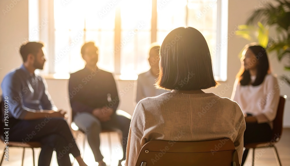 Obraz premium Group sitting in a circle, sunlight streaming in