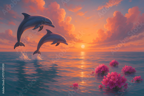 Dreamy seascape with two dolphins leaping in sunset light surrounded by pink flowers on calm ocean waves, fantasy and peaceful art..