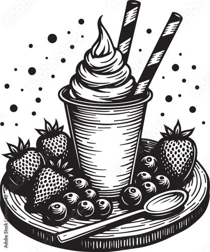 Black and white illustration of ice cream with berries and wafers