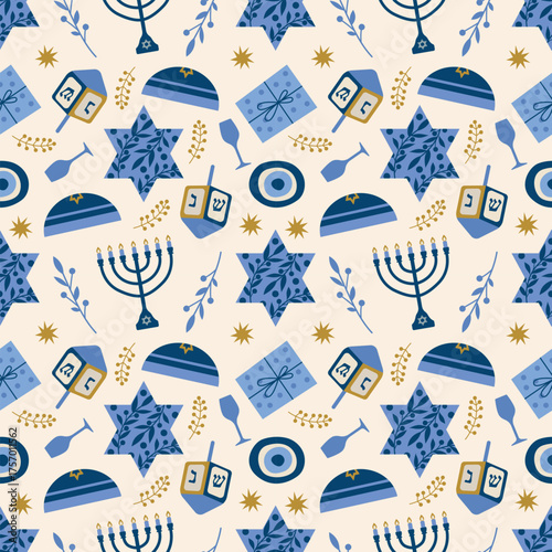 Hanukkah vector illustration featuring a seamless pattern of dreidels, menorahs, and Stars of David in blue and gold hues. Kippahs, branches, and gifts enhance the festive design.