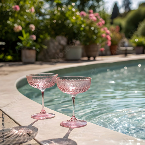 two vintage style pink glass coupe glasses placed