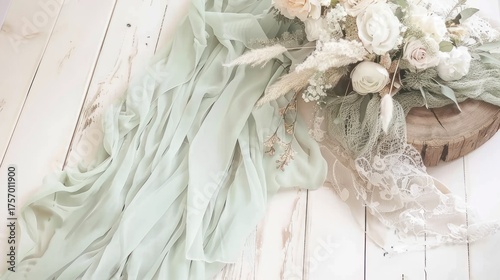 Elegant White Floral Bouquet with Soft Green Fabric on Wooden Surface