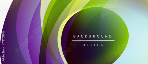Abstract layers create vibrant, flowing design. Purple, green hues blend seamlessly. Text reads background design. Modern aesthetic.
