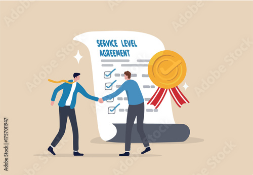 SLA service level agreement, commitment or support contract for uptime, availability or resolution for service problem, guarantee concept, businessman handshake with SLA checklist contract agreement