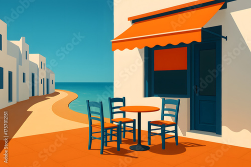Vector art of minimalist seaside cafe with orange awning, blue chairs, and curved coastal path under clear turquoise sky, Mediterranean design style..