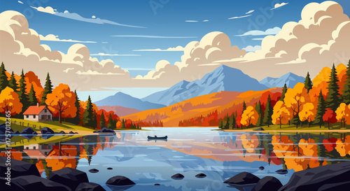 Picturesque autumn lake scene with vibrant foliage, a small cabin, and a boat, reflecting the colorful trees and majestic mountains under a bright, cloudy sky