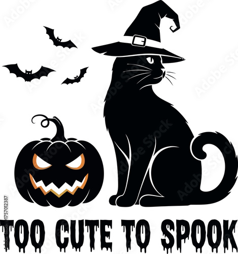 Black cat witch hat pumpkin spooky halloween bat bats bats too cute to spook text vector