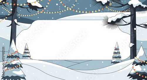 Winter Pixel Art Background with Snow Covered Trees and Festive Lights