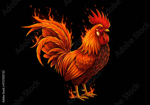 Fiery Rooster Illustration with Vibrant Orange and Red Flames.