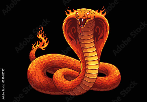 Fiery Cobra Illustration with Flames and Intricate Scale Detail.