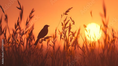 A solitary bird perched peacefully among the tall golden grasses at sunset finding solace in the quiet beauty of nature