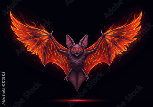 Fiery Bat Illustration with Glowing Wings on Black Background.