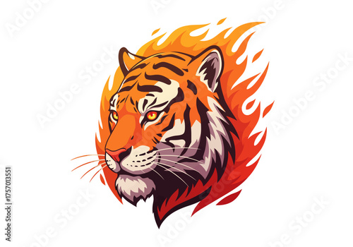 Fiery Tiger Head Illustration with Bold Stripes and Intense Gaze.