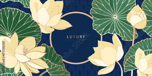 Chinese luxury poster with oriental lotus flowers, leaves and circle frame. Asian vector background golden lines artistic texture vector background.