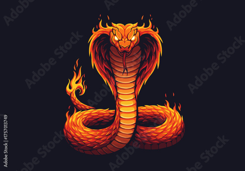 Fiery Cobra Illustration with Raised Hood and Flickering Flames.