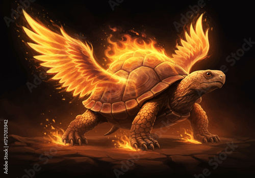 Winged Turtle Ablaze: A Mythical Creature of Fire and Shell.