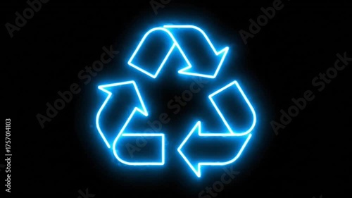 Glowing Turquoise Recycle Symbol on a Black Background Environmentally Conscious Design Resource for Sustainable Practices, 3D Rendered Neon Arrows Pointing Inward