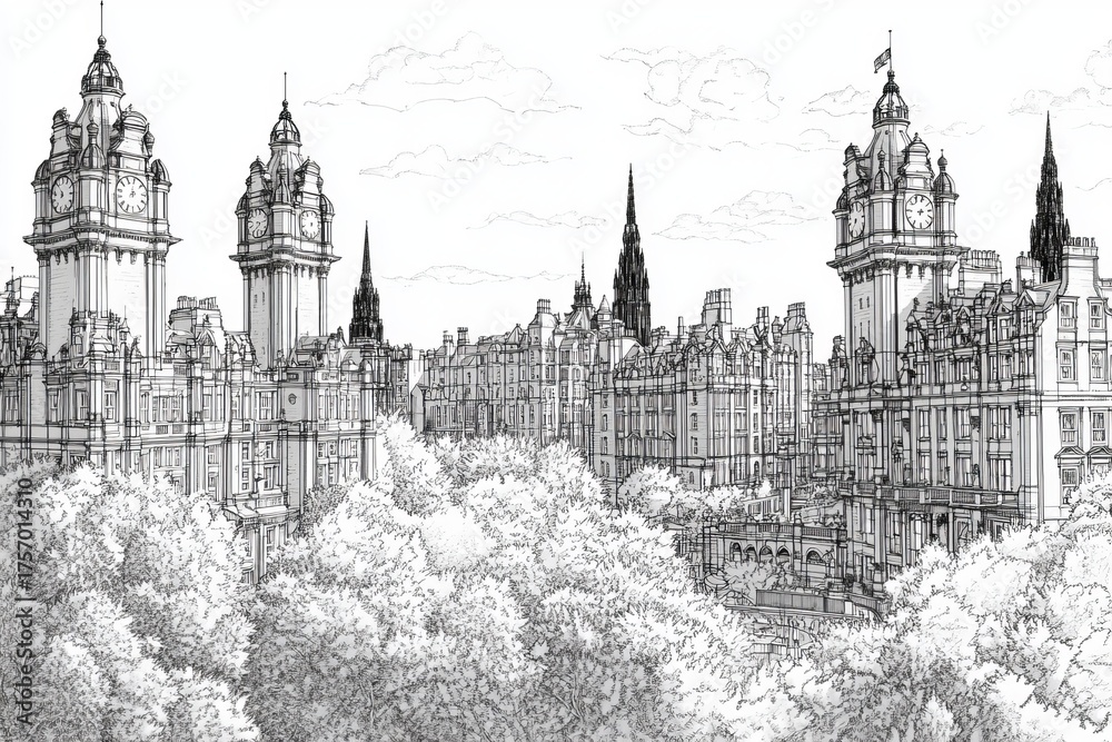 Fototapeta premium A detailed line art coloring page, the Edinburgh Skyline Coloring Page, showcases the city's iconic skyline, complete with notable buildings, a prominent castle, and streets lined with trees,