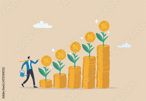 Compound interest growth, savings, investment or wealth accumulation formula, interest rate principal, profit or earning, prosperity concept, businessman watering compound interest seedling growth