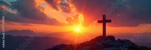 A symbolic depiction of Christian salvation; a cross silhouetted against a vibrant sunrise, representing hope, redemption, and new beginnings , spiritual journey, salvation