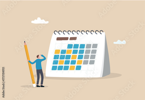 Calendar schedule, event or meeting reminder, date time planning, work deadline or appointment, due date organizer weekly review concept, businessman hold pencil thinking with calendar schedule plan