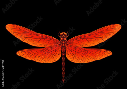Vibrant Orange Dragonfly with Detailed Wing Veins on Black Background.