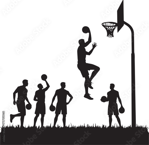 Black silhouette basketball players on grass with hoop