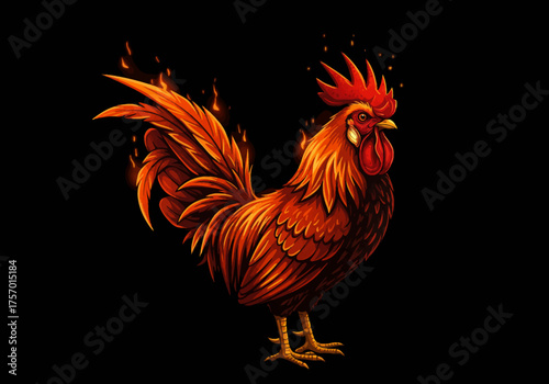 Fiery Rooster Illustration with Detailed Feathers and Comb.