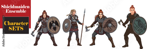 Shieldmaiden Ensemble Vector – Norse Women on Longship Deck