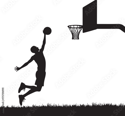 Black silhouette of a basketball player dunking on a white background