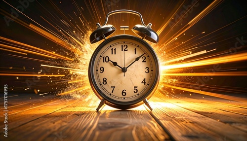 Classic analog alarm clock with twin bells on wooden surface against dynamic light streaks in warm tones for editorial time urgency motion and conceptual design-themed visuals
