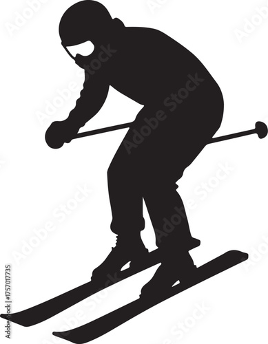 Black silhouette of a skier in motion skiing black and white