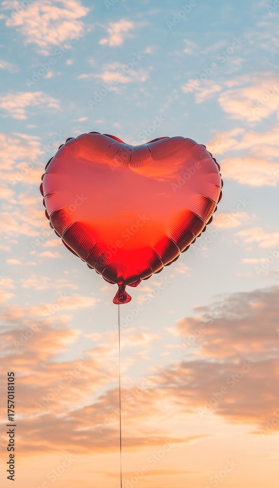 Obraz premium Red Heart Shaped Balloon Floating Against a Dreamy Sunset Sky, Celebrating Love and Joyful Moments