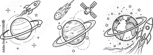 Space illustration, rocket launch, Earth planet, Saturn rings, satellite orbit, cosmic stars, astronomy background, futuristic exploration, galaxy artwork, celestial design