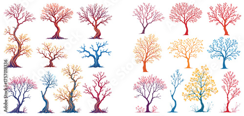 Vsai stylized colorful tree collection evolving through seasons