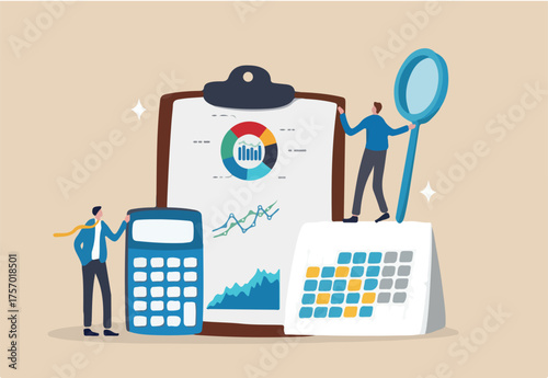 Accounting or budget planning, financial report calculation, expense analysis, tax report document, statistic chart and graph concept, businessman with calculator on accounting analysis clipboard