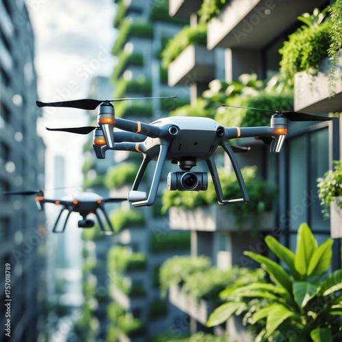 Modern Drone Technology over Vertical Garden Building Facade