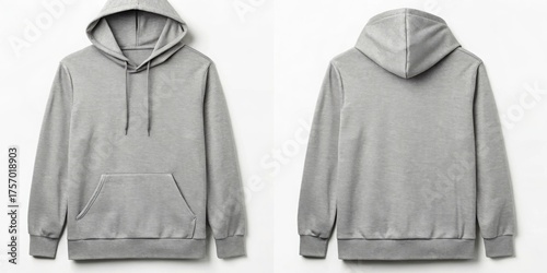 Front and back view of a grey hooded sweatshirt isolated on white background