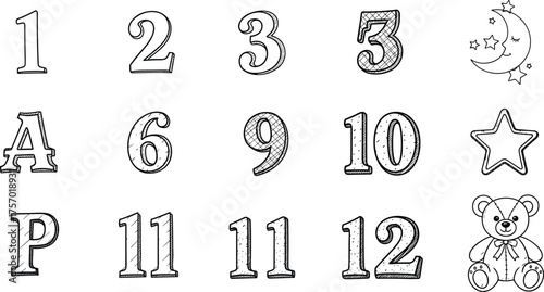 Stylized numbers, decorative letters, artistic symbols, textured typography, creative alphabet design, abstract digits, graphic illustration, educational elements, playful icons, modern art