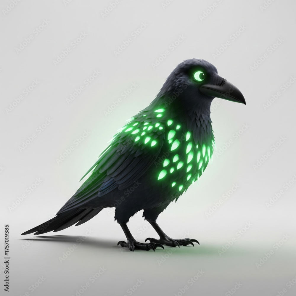 Fototapeta premium Glowing Raven on White Background with Intense Green Light and Dark Feather Details Close Up