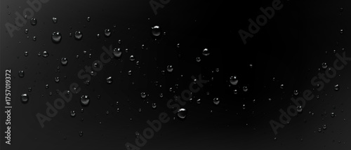 Crystal wet droplets on black glass surface - realistic background. Water beads and condensation patterns with light reflections. Rain or dew texture elements for minimalist design and overlay effect.