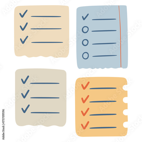 set of checklist hand drawn. Checkmark planner form reminder flat color vector illustration template design