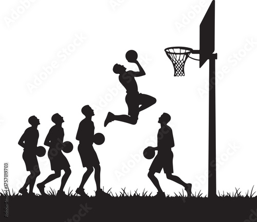 Silhouette basketball players dunking and playing on court