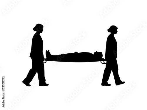 silhouette of a nurse carrying a patient on a stretcher
