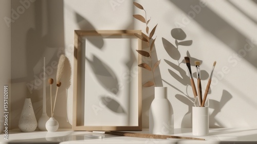 Minimalist Artistic Interior Decor with Empty Frame and Natural Shadows