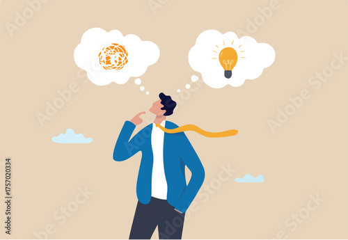 Problem solving, solution or strategic thinking, creativity to solve frustrated problem, contemplation on messy issue, opportunity discovery, businessman thinking with mess problem and lightbulb idea